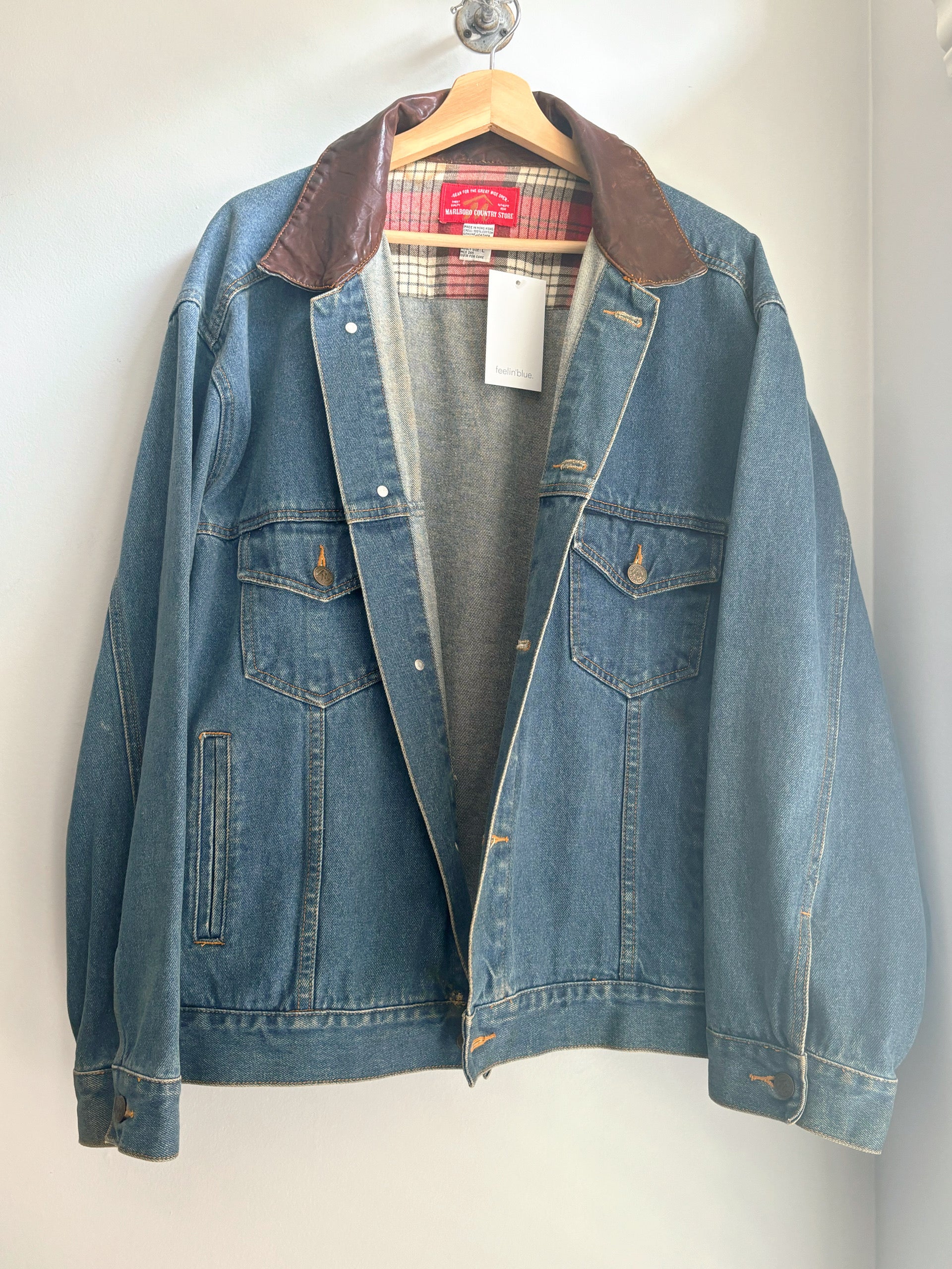 Denim Jacket Brown Leather Collar feelin blue