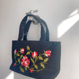 Black Vintage Embroidered Pink Roses  Purse
